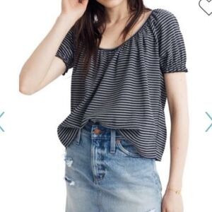 Madewell Texture & Thread Blue Striped Peasant Top